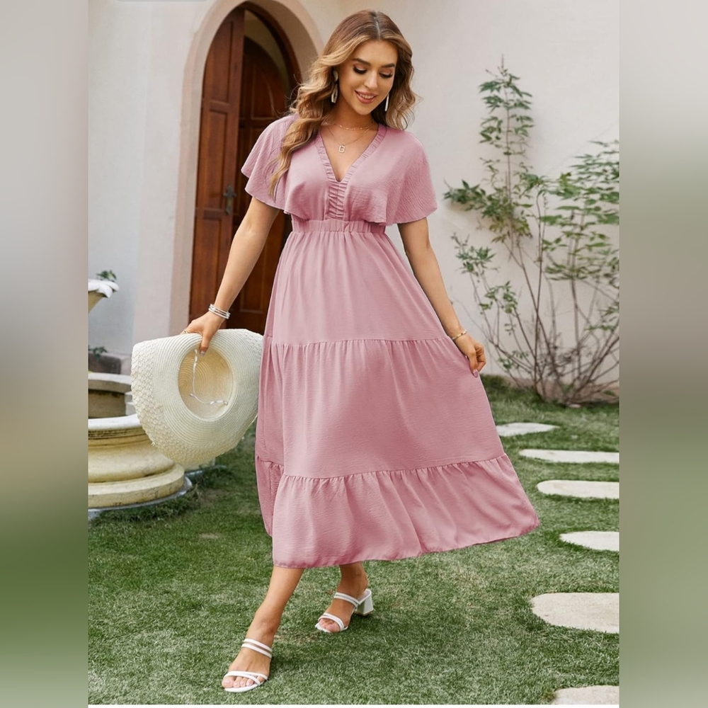Women's Casual Short Sleeve V Neck Floral Maxi Dresses Boho Beach Photoshoot